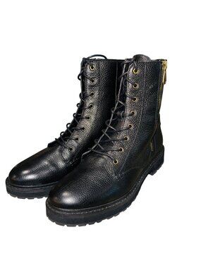 Cole Haan Women 9 Black Leather Lace-Up Combat Military Boots Side Zip Goth Moto